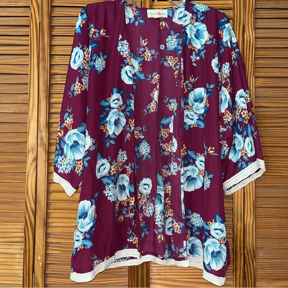 Wishful Park Blue Floral‎ Half Sleeve Kimono Size Small